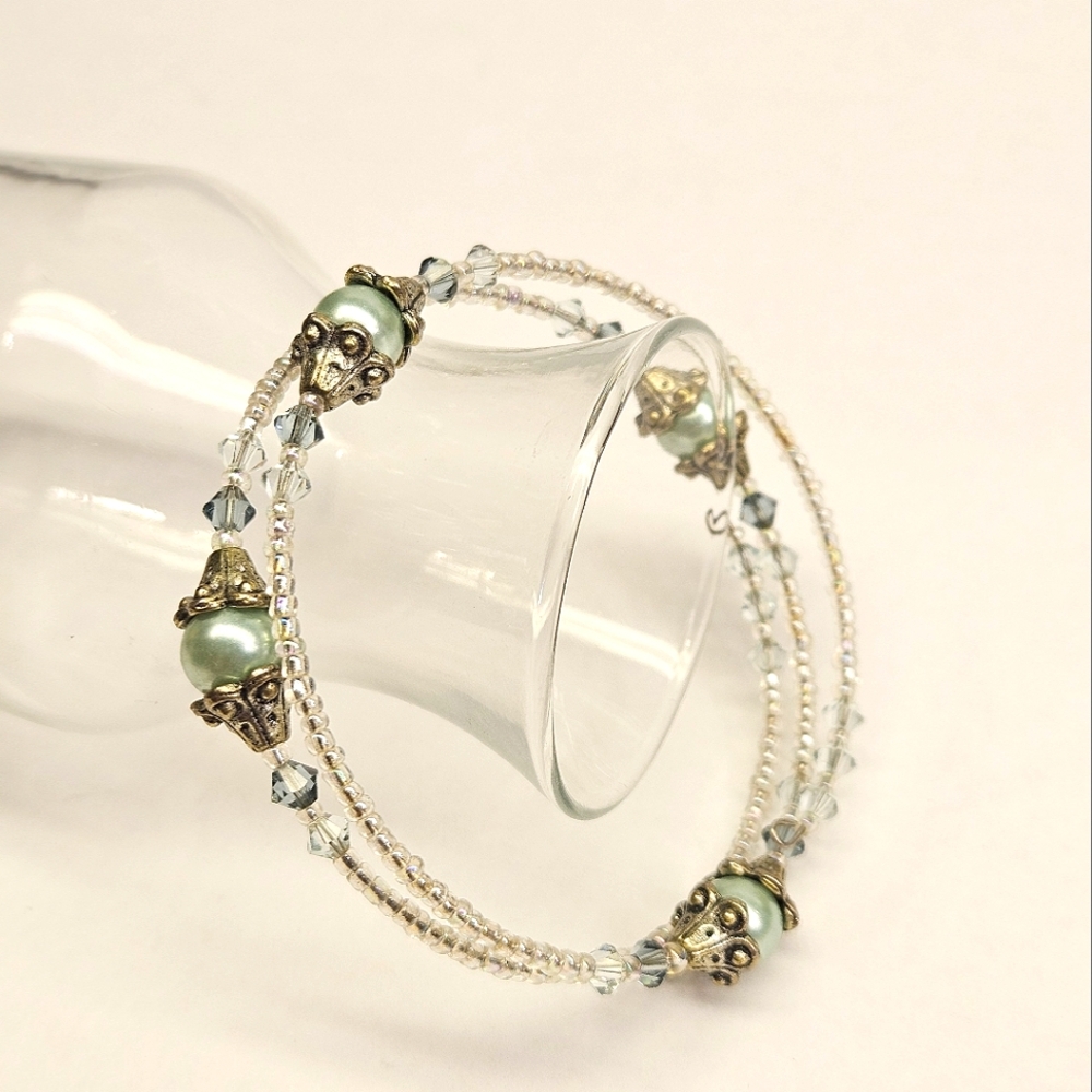 Blue Glass Faux Pearl and Swarovski Crystal Memory Wire Bracelet